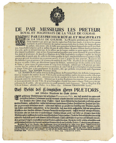 De par Messieurs les Prêteur Royal et Magistrats de la Ville de Colmar, etc. 