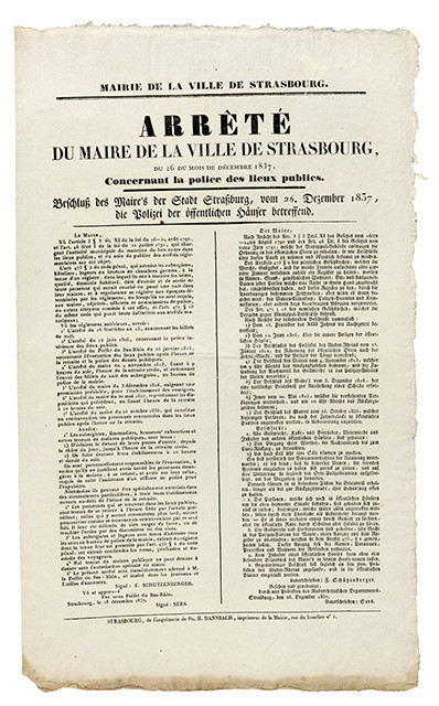 Arrêté du maire de la ville de Strasbourg, du 26 du mois de décembre 1837, concernant la police des lieux publics. 
