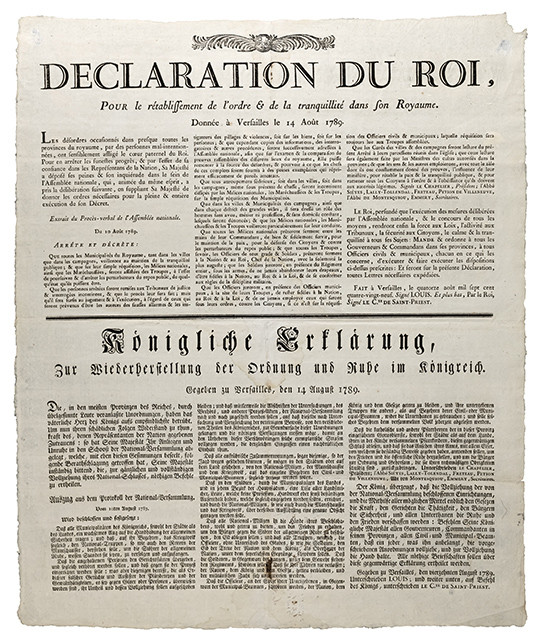 Déclaration du Roi, pour le Rétablissement de l'ordre & de la tranquilité dans son Royaume. Donnée à Versailles le 14 Août 1789. 