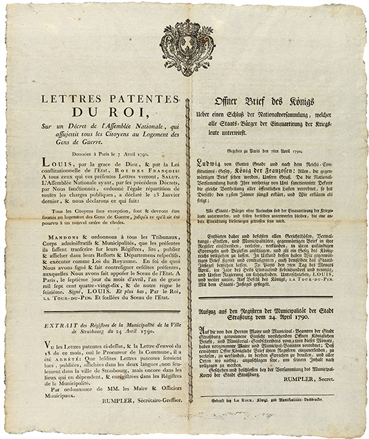 Lettres patentes du Roi, sur un Décret de l'Assemblée Nationale, qui assujettit tous les Citoyens au Logement des Gens de Guerre. 
