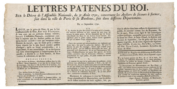Lettres patentes du Roi, sur le Décret de l'Assemblée nationale, du 31 août 1790, concernant les Ateliers de Secours à former, soit dans la ville de Paris & sa Banlieue, soit dans les différents Départements. 