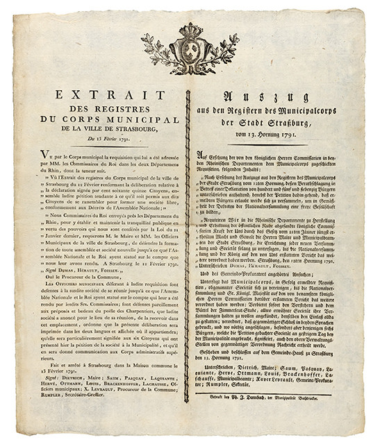 Extrait des registres du Corps municipal de la Ville de Strasbourg, du 13 février 1791. 