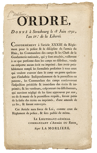 Ordre donné à Strasbourg le 18 Juin 1792, l'an IVe de la liberté. 