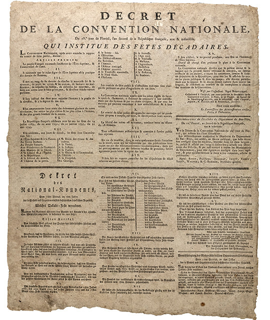 Décret de la Convention Nationale, du 18e jour de Floréal, l'an second de la République Française une & indivisible. Qui institue des fêtes décadaires. 