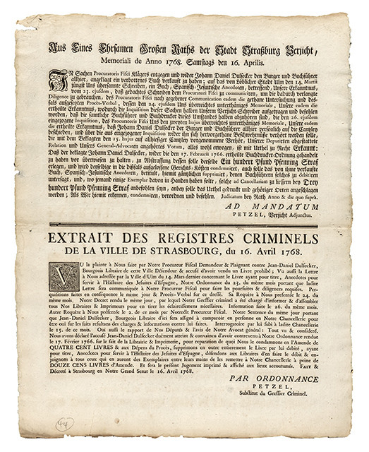 Extrait des registres criminels de la Ville de Strasbourg, du 16 avril 1768. 