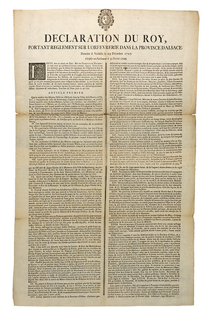 Déclaration du Roi, portant règlement sur l'Orfèvrerie dans la Province d'Alsace. Données à Versailles, le 29 décembre 1727. Vérifiée en Parlement le 3 février 1728. 