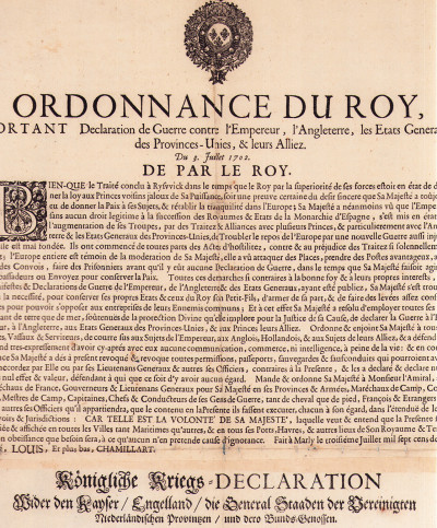 Ordonnance du Roy, portant déclaration de guerre contre l'Empereur, l'Angleterre, les Etats généraux des Provinces-Unies et leurs alliés. Du 3 juillet 1702. 