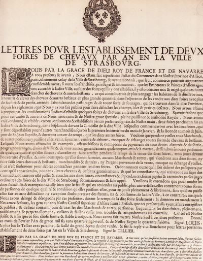 Lettres pour l'établissement de deux foires de chevaux par an en la ville de Strasbourg. 