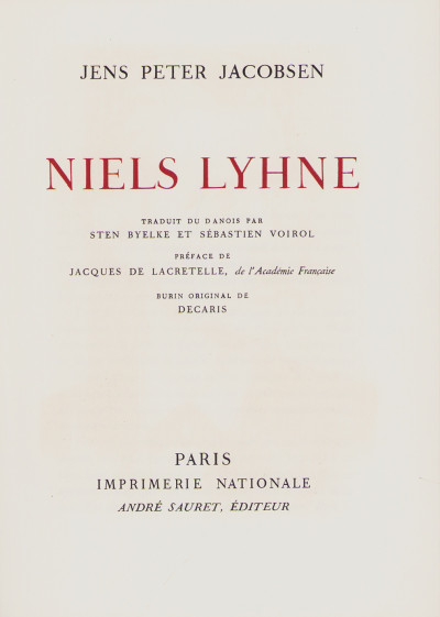 Niels Lyhne. Traduit du danois par Sten Byelke et Sébastien Voirol. Préface de Jacques de Lacretelle. Burin original de Decaris. 