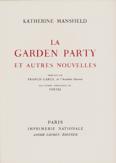 La garden party et autres nouvelles. Préface de Francis Carco. Eau-forte originale de Vertès. 