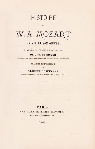 Histoire de W. A. Mozart, sa vie et son œuvre, d'après la grande biographie de G. N. de Nissen, augmentée de nouvelles lettres et des documents authentiques, traduite de l'allemand par Albert Sowinski. 