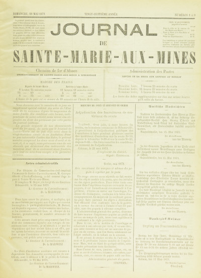 Journal de sainte-Marie-aux-Mines. Vingt-huitième année. Du dimanche 28 mai 1871 au dimanche 31 mars 1871. 
