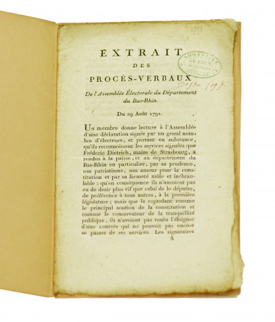 Extrait des procès-verbaux de l'Assemblée Électorale du Département du Bas-Rhin. Du 29 août 1791. 