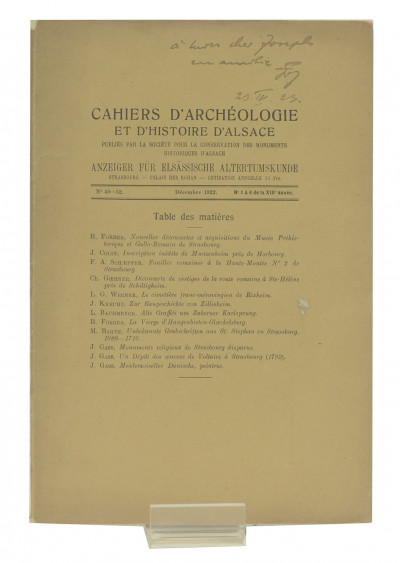 Nouvelles découvertes et acquisitions du Musée préhistorique et gallo-romain de Strasbourg. Rapport sur la gestion durant les années 1914 à 1922 présenté par le conservateur R. Forrer. 