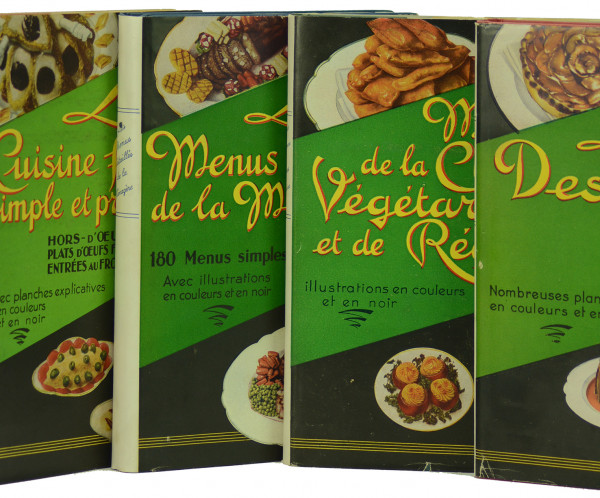 Réunion de 4 volumes : I. La cuisine froide, simple et pratique. Hors-d'œuvre - Plats d'œufs froids - Les entrées aux fromages - Les entrées de gibier. II. Cuisine végétarienne et régimes alimentaires. Menus de régimes. III. Les menus détaillés de la ménagère. 180 menus simples et pratiques. Menus pour les jours de réception et fêtes de famille. IV. Les desserts. Recueil de pâtisserie et entremets simples. 