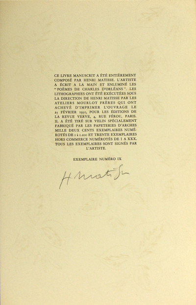 Poèmes de Charles d'Orléans, manuscrits et illustrés par Henri Matisse. 