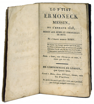 La p'tiat Ermoneck Messin po l'ennaye 1819. dédièt aux dèmes et d'moinzelles de Metz pè l'franc messin Romy. 