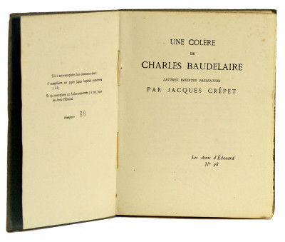 Une colère de Charles Baudelaire. Lettres inédites présentées par Jacques Crépet. 