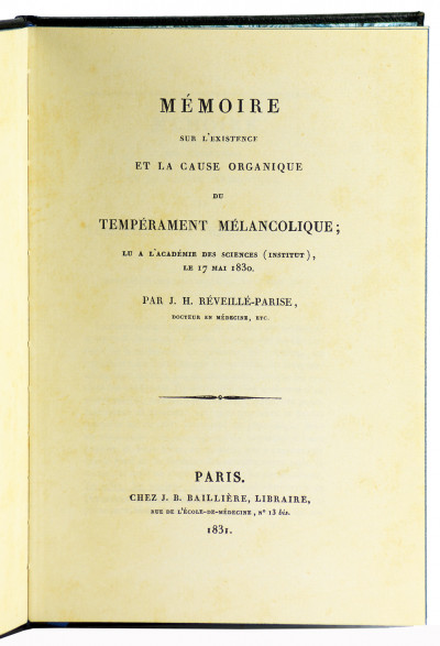 Mémoire sur l'existence et la cause organique du tempérament mélancolique ; lu à l'Académie des Sciences le 17 mai 1830. 