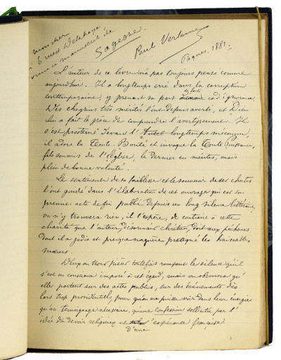 Sagesse. Manuscrit remis, en 1880, à la Société de Librairie catholique, pour l'impression de la première édition. Avertissement d'Ernest Delahaye. Portrait d'après Eugène Carrière. 