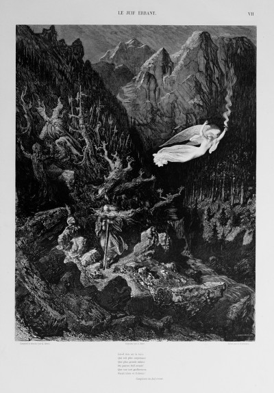 La légende du Juif errant. Compositions et dessins par Gustave Doré, gravés sur bois par F. Rouget, O. Jahyer et J. Gauchard, imprimés par J. Best. Poème avec prologue et épilogue par Pierre Dupont. Préface et notice bibliographique par Paul Lacroix (Bibliophile Jacob). Avec la Ballade de Béranger mise en musique par Ernest Doré. 