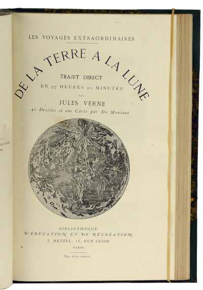 Cinq semaines en ballon. Voyage de découvertes en Afrique par trois Anglais. Illustrations par MM. Riou et de Montaut. RELIÉ À LA SUITE : De la terre à la lune. Trajet direct en 97 heures 20 minutes. 41 dessins et une carte par De Montaut. 