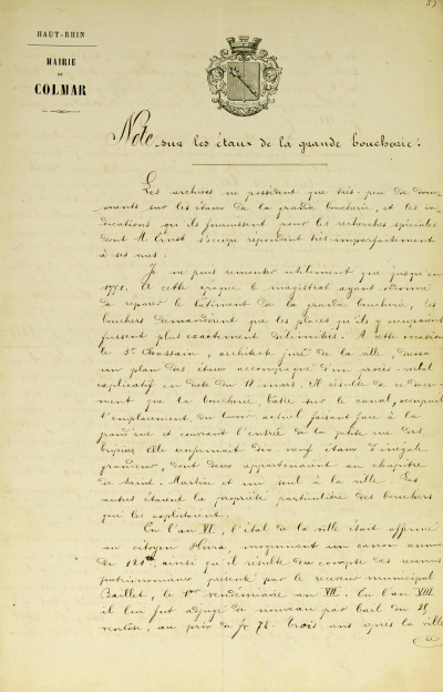 Pièces manuscrites : Note sur les étaux de la grande boucherie - Protocole de la guilde des bouchers - Règlement concernant l'ouverture et la fermeture par les Comices de la Douane. 