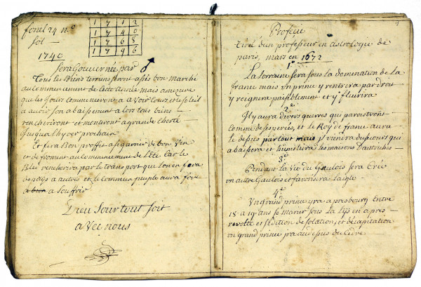 Manuscrit : Prophétie de Nostradamus et de Sainte Brigitte appartenant à Nicolas Poirson Commis des fourieres (sic) de Sa Majesté Le Roy de Pologne et marchand à Lunéville. Copié le 11e Janvier 1741. N. Poirson. 