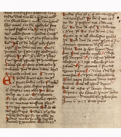 Manuscrit sur papier, en latin, daté de 1427 : CONRADUS DE SOLTAU, Quaestiones super quatuor libri sententiarum Petri Lombardi ; PSEUDO-THOMAS D’AQUIN, De sacramento corporis Domini ; PSEUDO-ALBERT LE GRAND (ou peut-être Albert de Haigerloch d’Oderaltaich ?), Compendium super Ave Maria. Basse-Autriche (Niederösterreich) ou Bohême (peut-être Prague ?), daté de 1427. 