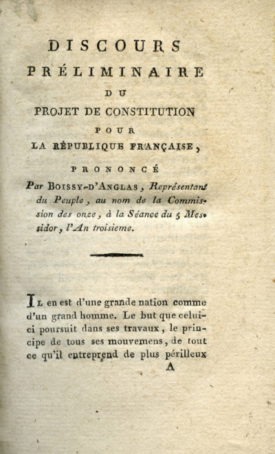 Acte constitutionnel de la République française, précédé de la Déclaration des droits de l'Homme et du Citoyen, et du discours prononcé à la Convention nationale, le 5 Messidor, par Boissy d'Anglas, au nom de la Commission des onze. 