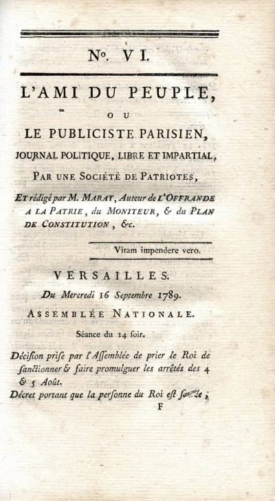 L'Ami du Peuple, et de nombreux imprimés et manuscrits concernant la Révolution française. 