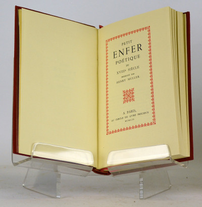 Collection d'ouvrages érotiques composée de huit titres : I. Thémidore, ou Mon Histoire et celle de ma Maîtresse, par Godard d'Aucour. Préface d'Yves Gandon. II. Félicia ou mes fredaines, par André de Nerciat. Avant-propos de Pierre Josserand. III. Margot la ravaudeuse, par Fougeret de Monbron. Postface de Maurice Saillet. IV. Mémoires de Fanny Hill, Femme de plaisir, par John Cleland ; présentés par Gérard Bauer. V. Tableaux des Mœurs du temps dans les différents âges de la vie. Préface de Roger Vailland. VI. La paysanne pervertie, ou les dangers de la ville ; histoire d'Ursule R**, mise-au-jour d'après les véritables Lettres des Personnages. Par Nicolas-Edme Rétif de la Bretonne. Préface d'André Maurois. VII. Lettres de la Marquise de M*** au Comte de R***. Par C.-P.-J. de Crébillon. Présentées par Émile Henriot. VIII. Petit enfer poétique du XVIIIe siècle. Présenté par Henry Muller. 