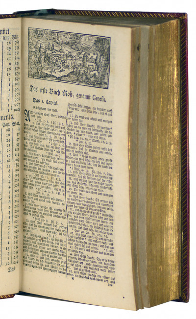Biblia, das ist : die ganze heilige Schrift Alten und Neuen Testamentes, nach der deutschen Uebersetzung D. Martin Luthers, mit vorgesetztem kurzen Inhalt eines jeden Capitels, wie auch mit richtigen Summarien und vielen Schrift-Stellen auf das allersorgfältigste Versehen, nach den bewahrtesten und neuesten Editionen mit grossem Fleisse ausgefertiget. Samt einer Vorrede von Hieronymo Burckhardt. 