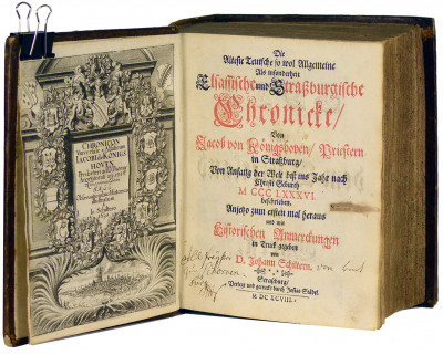 Die älteste teutsche so woll allgemeine als insonderheit Elsassische und Strassburgische Chronicke, von Anfang der Welt biss ins Jahr M.CCC.LXXXVI. beschrieben. Mit historischen Anmerkungen in Truck gegeben von D. Johann Schiltern. Suivi de : Chronicke der Stadt Freyburg im Brisgaw. 