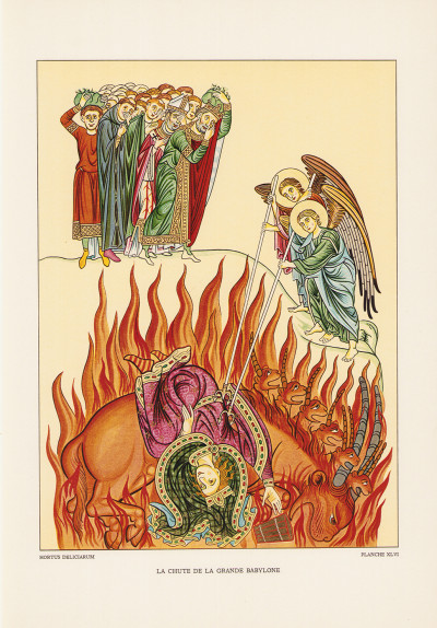 Hortus deliciarum. Recueil de cinquante planches - dont vingt-deux en couleurs selon l'original et vingt-huit en trois tons - avec texte d'introduction historique, littéraire et archéologique, suivi du catalogue complet des 344 miniatures et du commentaire iconographique des cinquante planches par Joseph Walter, bibliothécaire et archiviste de la ville de Sélestat. 