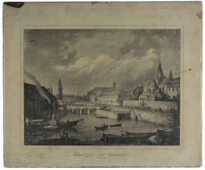 Pierre lithographique originale : vue du bassin de l'Ill et de l'écluse des Pontonniers, avec l'église Saint-Étienne et le quai Kléber. 