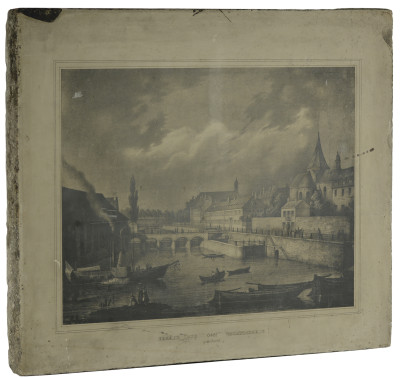 Pierre lithographique originale : vue du bassin de l'Ill et de l'écluse des Pontonniers, avec l'église Saint-Étienne et le quai Kléber. 