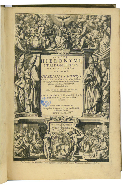 Sancti Hieronymi Stridoniensis Opera Omnia, Quae Extant. Mariani Victorii Reatini Episcopi Amerini labore & studio ad fidem M. S. & vetust. exemplarium emendata, argumentis & scholiis illustrata. Vita Item S. Hieron. Ex Ipsius scriptis ab eodem Victor. collecta. Editio Novissima, In Qua quid accesserit, vide lector folio sequenti. 