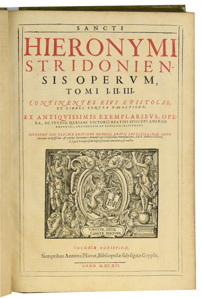Sancti Hieronymi Stridoniensis Opera Omnia, Quae Extant. Mariani Victorii Reatini Episcopi Amerini labore & studio ad fidem M. S. & vetust. exemplarium emendata, argumentis & scholiis illustrata. Vita Item S. Hieron. Ex Ipsius scriptis ab eodem Victor. collecta. Editio Novissima, In Qua quid accesserit, vide lector folio sequenti. 