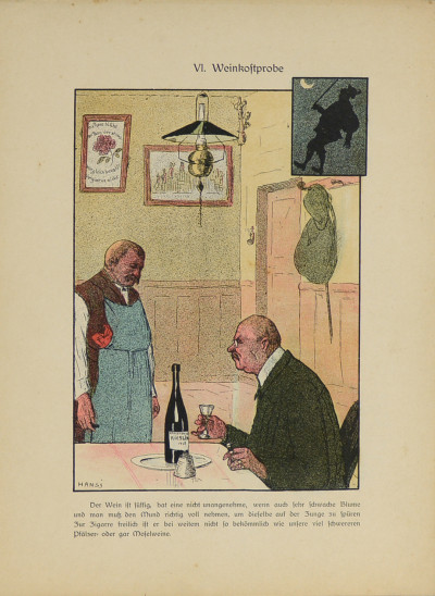 Vogesen-Bilder. 10 Zeichnungen von Hansi. Inhalt: 1. Hoh-Königsburg. 2. Einweihung einer Schiller-Eiche. 3. Die Heidenmauer. 4. Höhenwanderung. 5. Türkheim. 6. Weinkostprobe. 7. Die Sommerfrische. 8. Im Schluchthotel. 9. Gerardmer. 10. Hoh-Königsburg. 