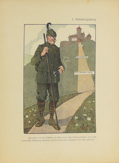 Vogesen-Bilder. 10 Zeichnungen von Hansi. Inhalt: 1. Hoh-Königsburg. 2. Einweihung einer Schiller-Eiche. 3. Die Heidenmauer. 4. Höhenwanderung. 5. Türkheim. 6. Weinkostprobe. 7. Die Sommerfrische. 8. Im Schluchthotel. 9. Gerardmer. 10. Hoh-Königsburg. 