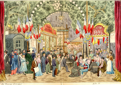 Quatre dessins originaux pour illustrer "La troupe Jolicœur", comédie musicale en un prologue et trois actes d'après une nouvelle d’Henri Cain, poème et musique d’Arthur Coquard. 