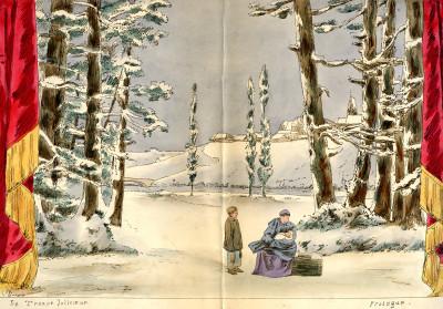 Quatre dessins originaux pour illustrer "La troupe Jolicœur", comédie musicale en un prologue et trois actes d'après une nouvelle d’Henri Cain, poème et musique d’Arthur Coquard. 