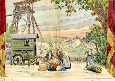 Quatre dessins originaux pour illustrer "La troupe Jolicœur", comédie musicale en un prologue et trois actes d'après une nouvelle d’Henri Cain, poème et musique d’Arthur Coquard. 