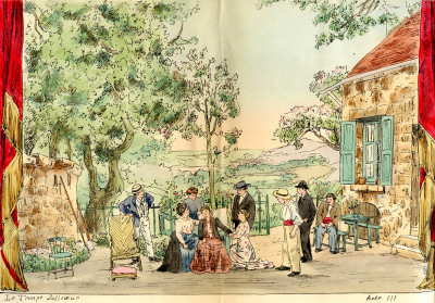 Quatre dessins originaux pour illustrer "La troupe Jolicœur", comédie musicale en un prologue et trois actes d'après une nouvelle d’Henri Cain, poème et musique d’Arthur Coquard. 