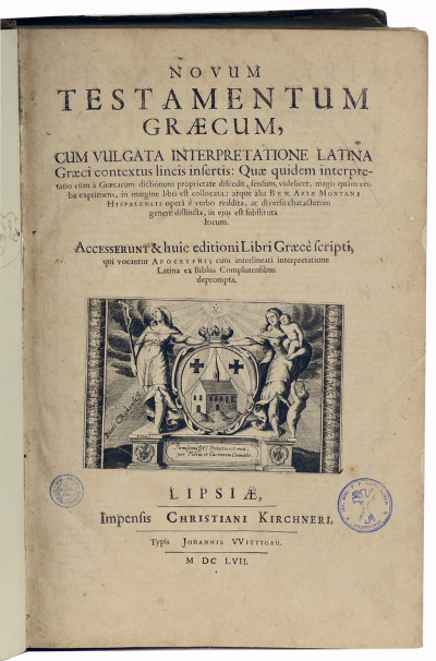 Novum Testamentum graecum, cum vulgata interpretatione latina graeci contextus lineis insertis [sic] : quae quidem interpretatio cùm à graecarum dictionum proprietate discedit, sensum, videlicet, magis quàm verba exprimens, in margine libri est collocata : atque alia Ben. Ariae Montani Hispalensis operâ è verbo reddita, ac diverso characterum genere distincta, in ejus est substituta locum. Accesserunt & huic editioni libri graecè scripti, qui vocantur Apocryphi ; cum interlineari interpretatione latina ex Bibliis Complutensibus deprompta. RELIÉ À LA SUITE : Biblia Universa. Et Hebraica Quidem : Cum Latina Interpretatione Xantis Pagnini Lucensis : Benedicti Ariae Montani Hispal. Et Quorundam aliorum Collato studio ad Hebraicam dictionem diligentissime expensa. 