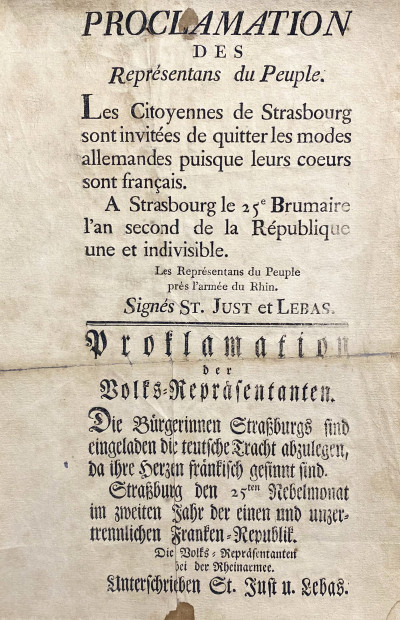 Proclamation des Représentants du Peuple. Les Citoyennes de Strasbourg sont invitées de quitter les modes allemandes puisque leurs cœurs sont français. 