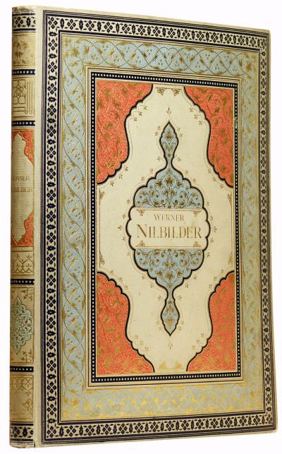 Nilbilder. Vier und Zwanzig Facsimiles nach Aquarellen. Naturaufnahmen während zweier Orientreisen 1862 und 1865 von Karl Werner. Erläuternde Texte von A. E. Brehm und J. Dümichen. Pantographie-Ausgabe Seitz-Patent. 