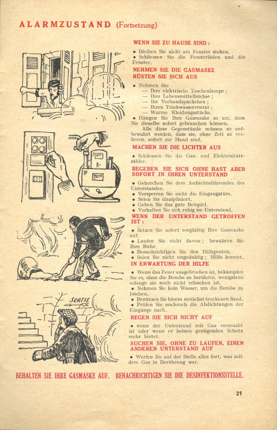 Département du Bas-Rhin. Recommandations officielles à la population civile pour se protéger en cas d’attaque aérienne. Ce qu'il faut faire. Ce qu'il ne faut pas faire pour vous protéger. Texte français - allemand. 