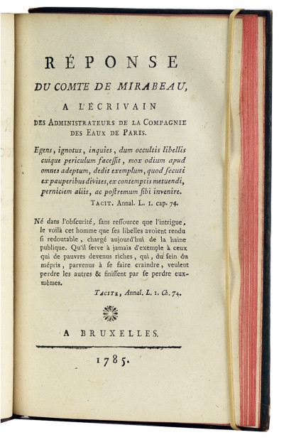 Sur les actions de la Compagnie des Eaux de Paris. — Réponse à l'Ouvrage qui a pour titre : Sur les actions de la Compagnie des Eaux de Paris, par M. le Comte de Mirabeau. Par les Administrateurs de la Compagnie des Eaux de Paris. — Réponse du compte de Mirabeau, à l'écrivain des Administrateurs des la Compagnie des Eaux de Paris. 